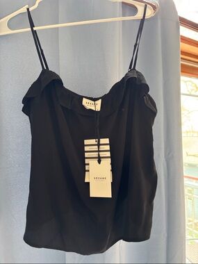 Sezane 44 Black Ruffle-Trim Silk Cami